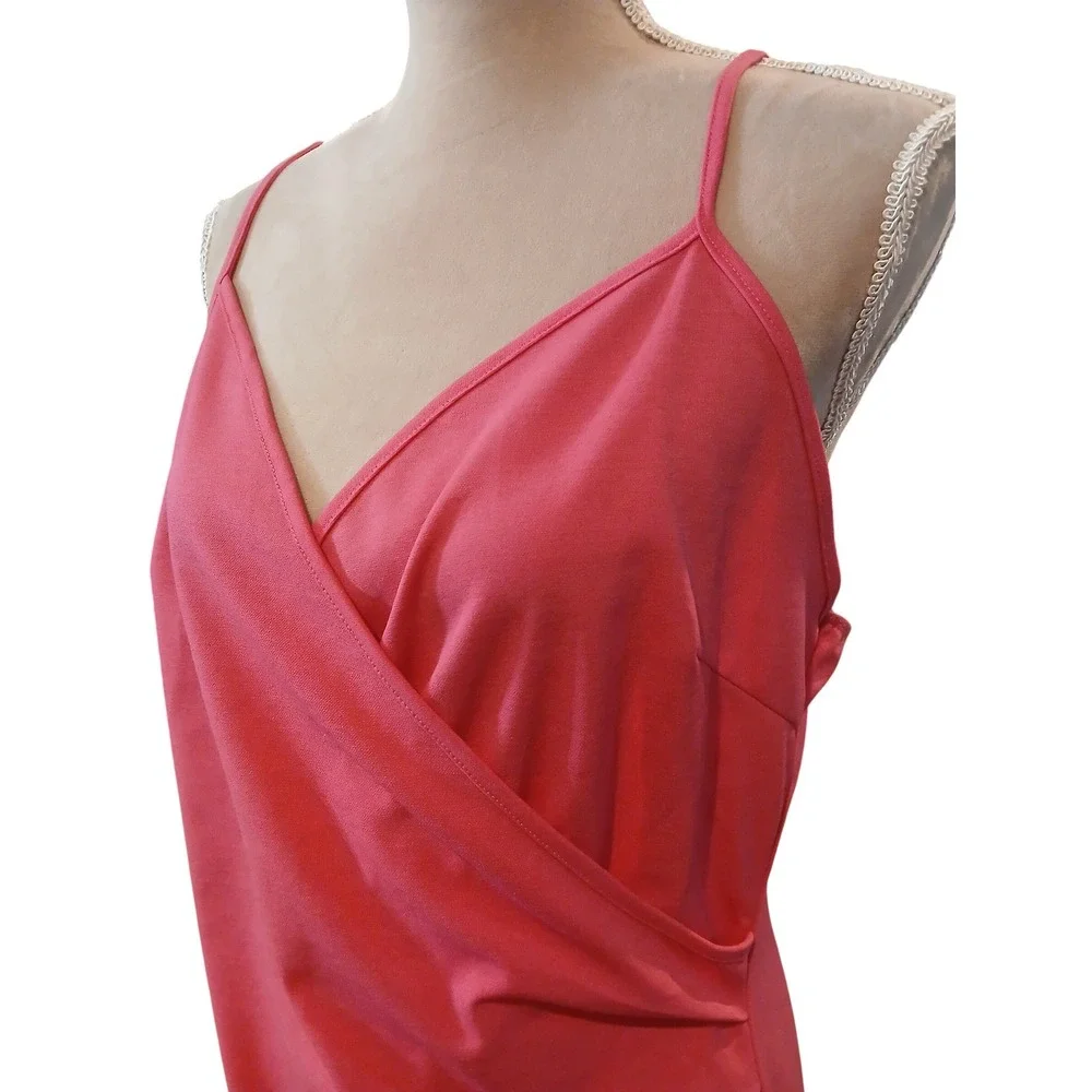 New Coral Pink Wrap Front Ruched Mini Dress XL Sleeveless Spaghetti Strap - Picture 3 of 12